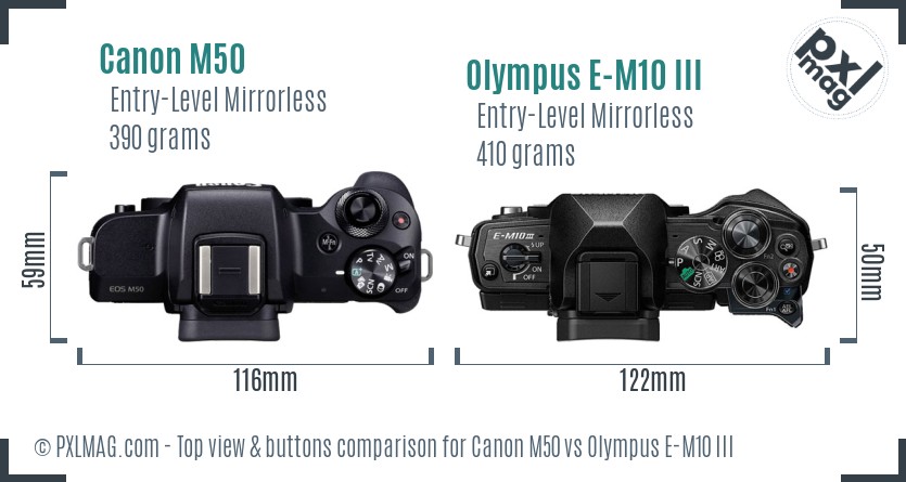 Canon M50 vs Olympus E-M10 III top view buttons comparison