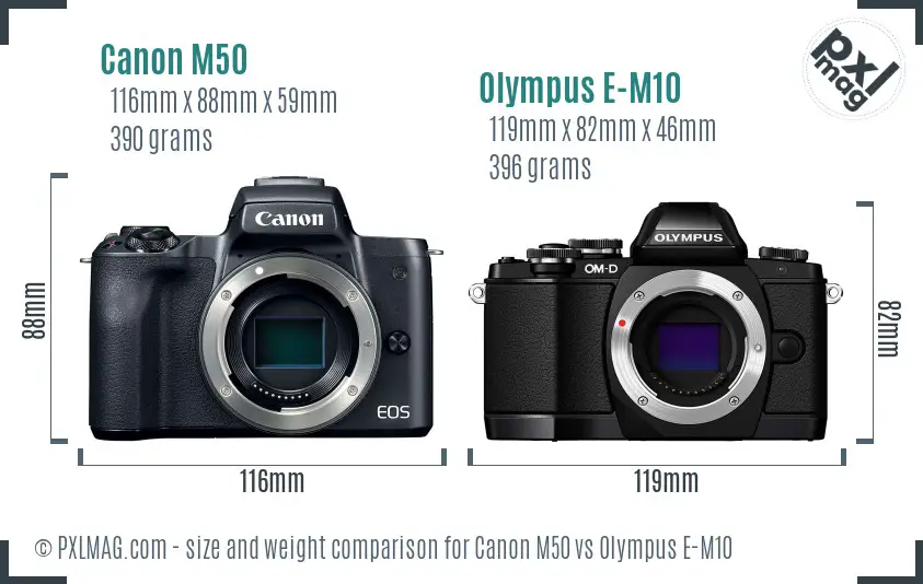 Canon M50 vs Olympus E-M10 size comparison