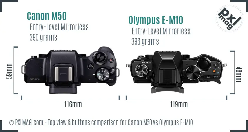 Canon M50 vs Olympus E-M10 top view buttons comparison