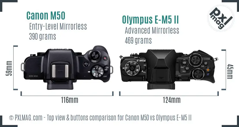 Canon M50 vs Olympus E-M5 II top view buttons comparison