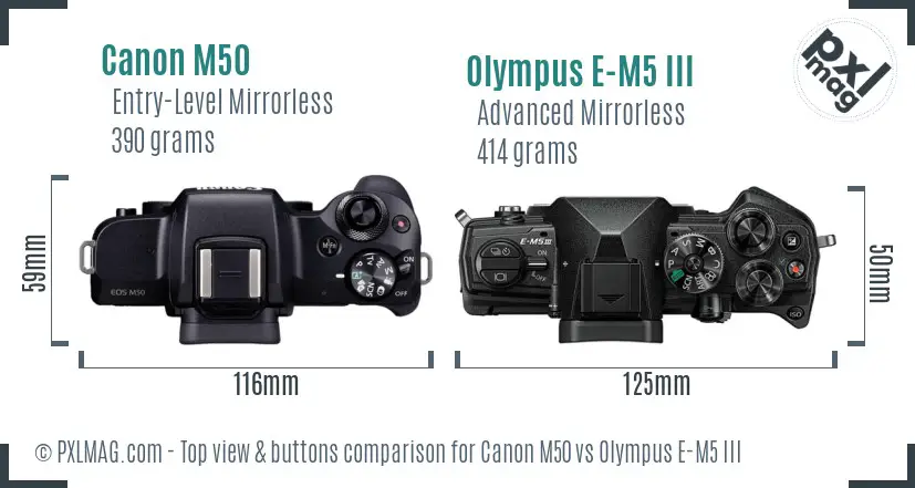 Canon M50 vs Olympus E-M5 III top view buttons comparison