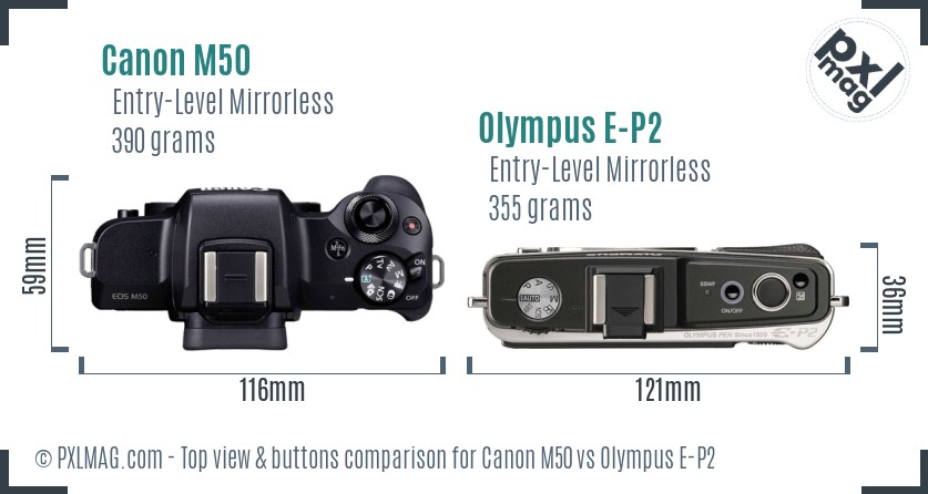 Canon M50 vs Olympus E-P2 top view buttons comparison