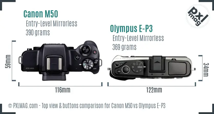 Canon M50 vs Olympus E-P3 top view buttons comparison