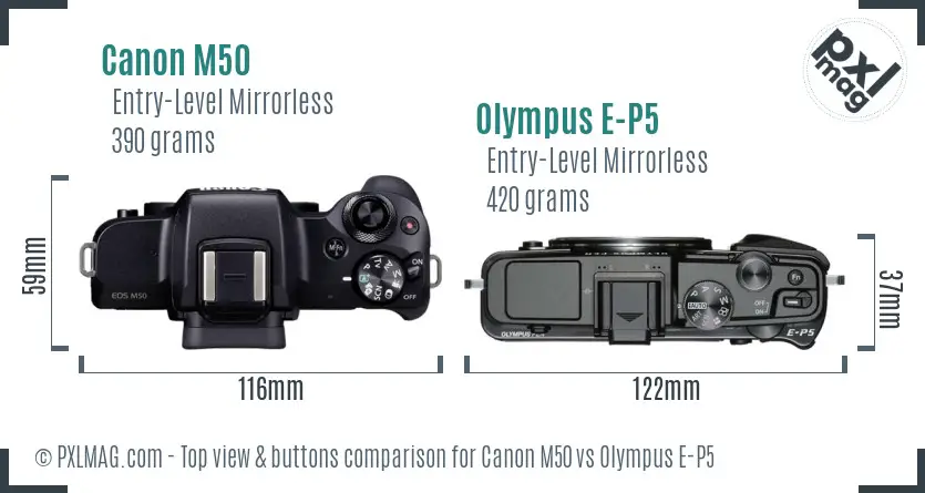 Canon M50 vs Olympus E-P5 top view buttons comparison