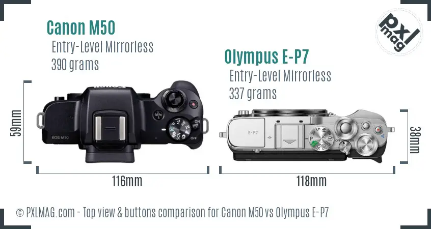 Canon M50 vs Olympus E-P7 top view buttons comparison