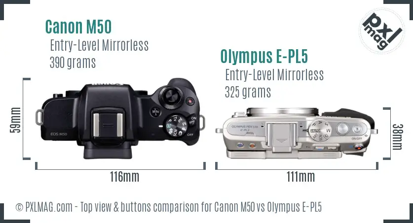 Canon M50 vs Olympus E-PL5 top view buttons comparison Canon M50 vs Olympus E-PL5 top view buttons comparison