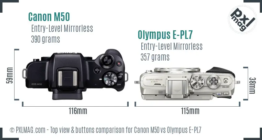 Canon M50 vs Olympus E-PL7 top view buttons comparison Canon M50 vs Olympus E-PL7 top view buttons comparison