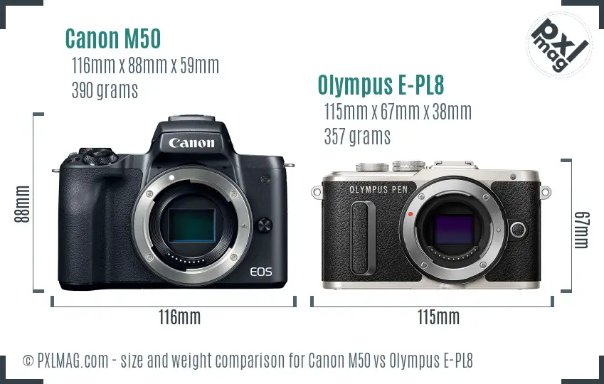 Canon M50 vs Olympus E-PL8 size comparison Canon M50 vs Olympus E-PL8 size comparison