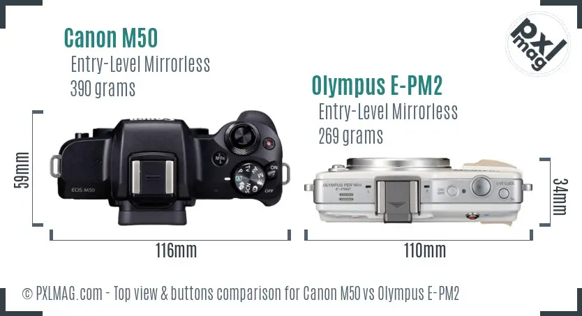 Canon M50 vs Olympus E-PM2 top view buttons comparison
