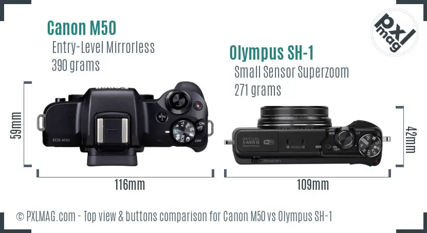 Canon M50 vs Olympus SH-1 top view buttons comparison
