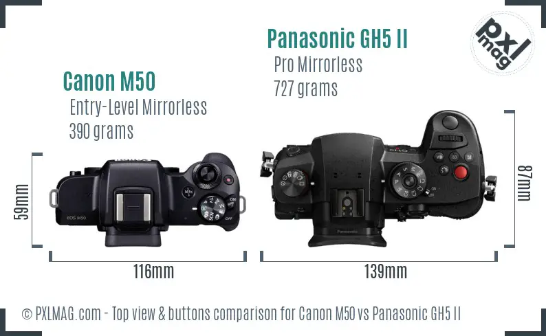 Canon M50 vs Panasonic GH5 II top view buttons comparison
