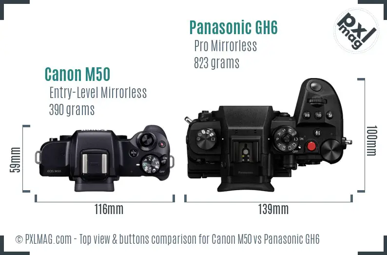 Canon M50 vs Panasonic GH6 top view buttons comparison