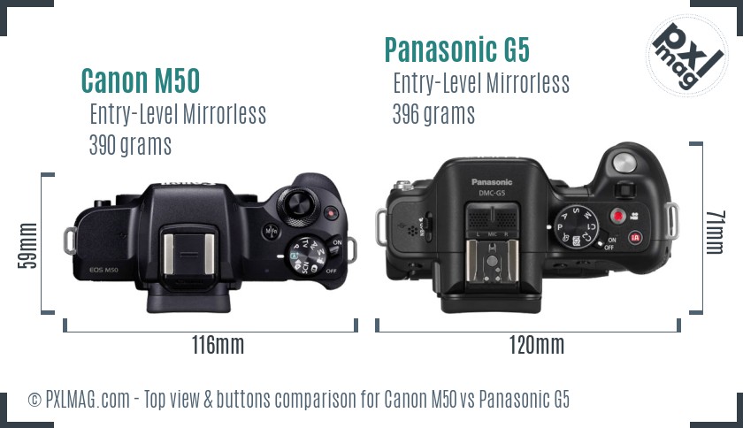 Canon M50 vs Panasonic G5 top view buttons comparison