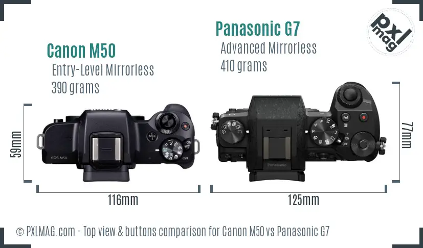 Canon M50 vs Panasonic G7 top view buttons comparison Canon M50 vs Panasonic G7 top view buttons comparison