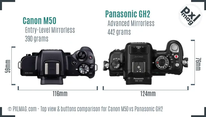 Canon M50 vs Panasonic GH2 top view buttons comparison Canon M50 vs Panasonic GH2 top view buttons comparison