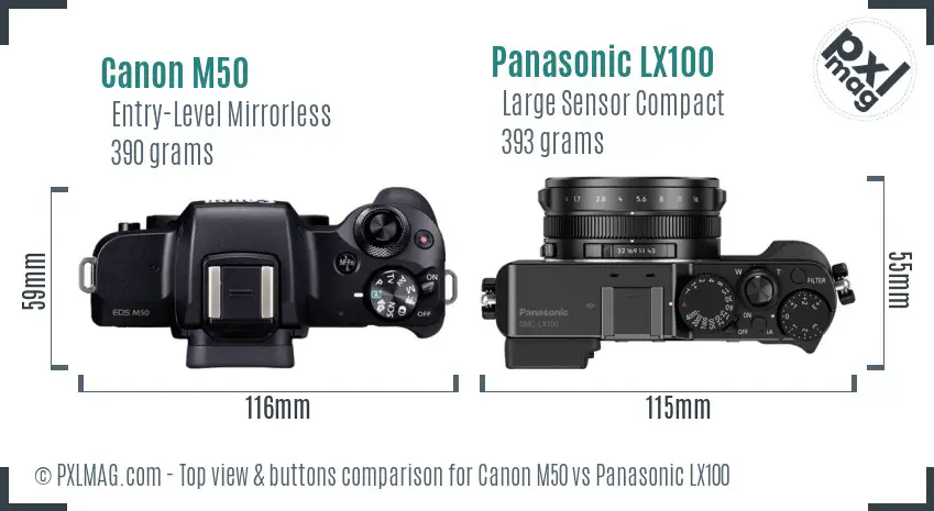 Canon M50 vs Panasonic LX100 top view buttons comparison