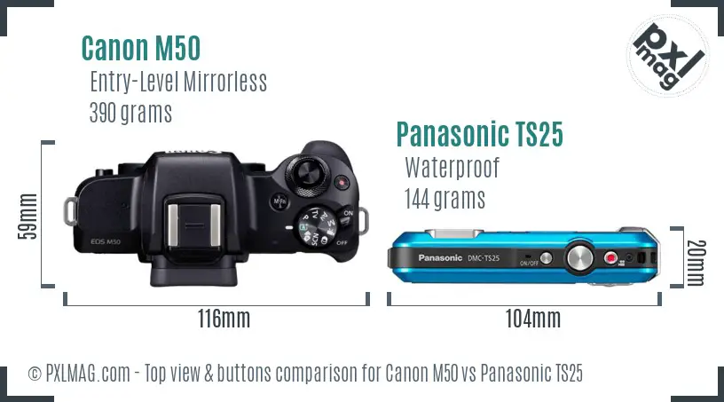 Canon M50 vs Panasonic TS25 top view buttons comparison