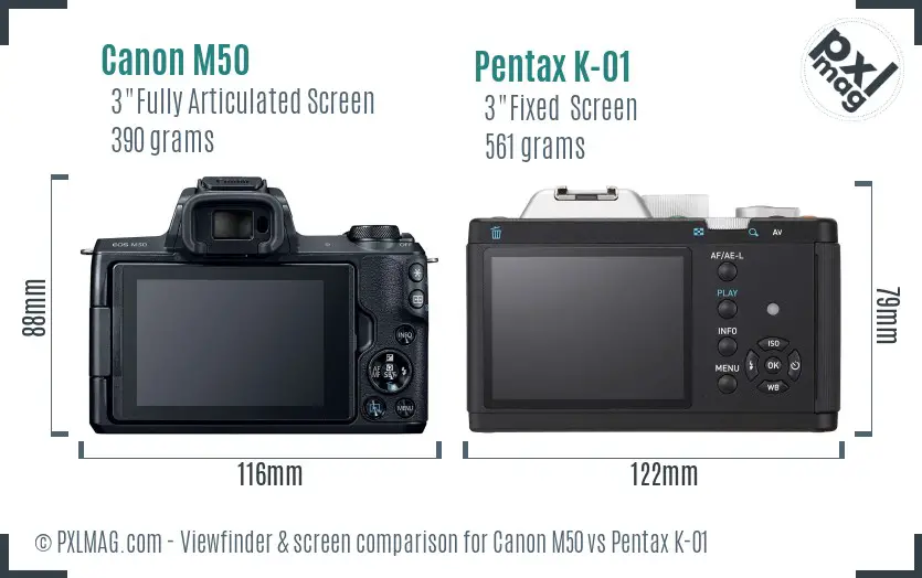 Canon M50 vs Pentax K-01 Screen and Viewfinder comparison