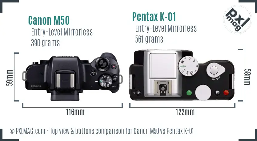 Canon M50 vs Pentax K-01 top view buttons comparison