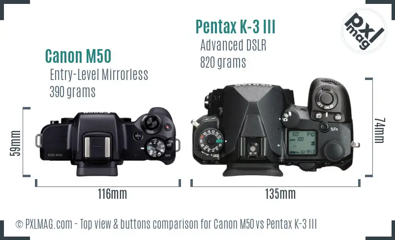 Canon M50 vs Pentax K-3 III top view buttons comparison