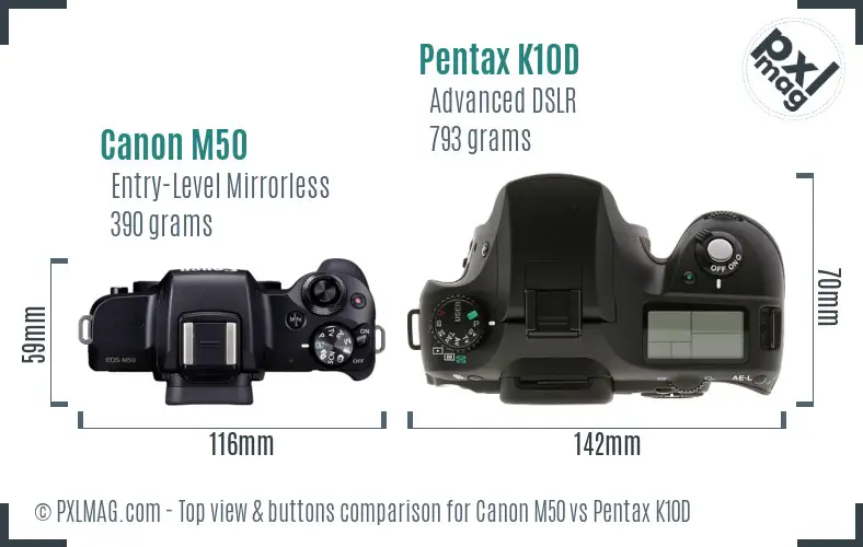 Canon M50 vs Pentax K10D top view buttons comparison