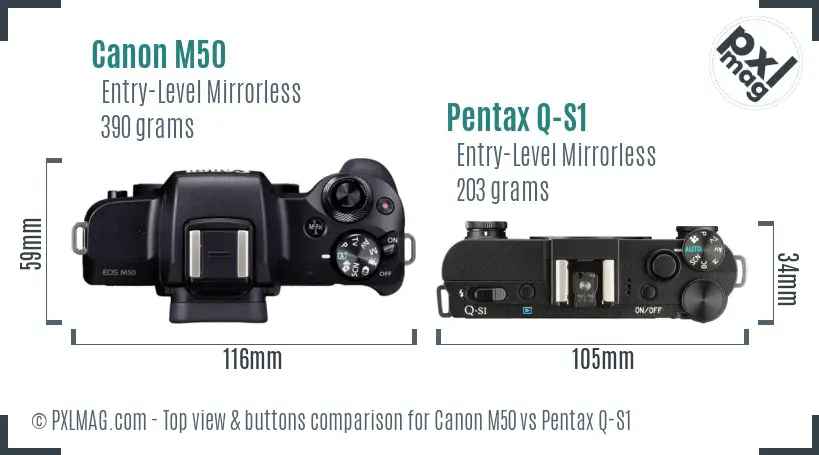Canon M50 vs Pentax Q-S1 top view buttons comparison
