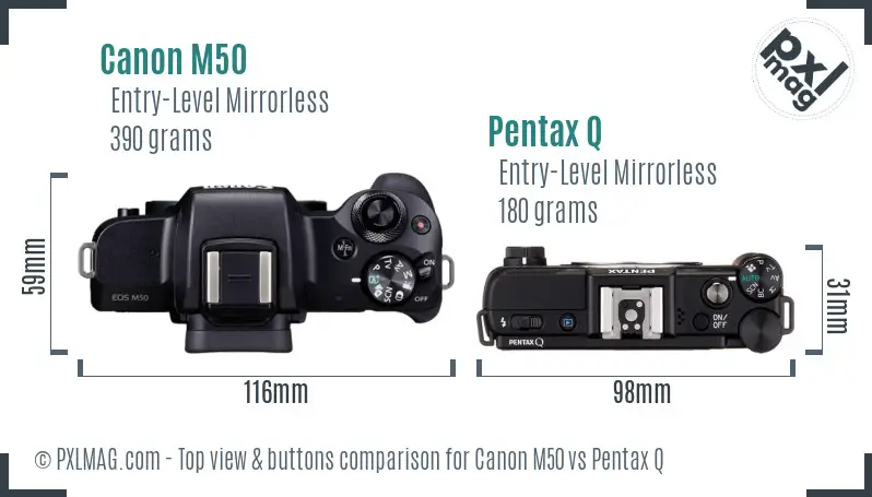 Canon M50 vs Pentax Q top view buttons comparison