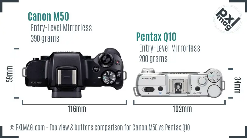 Canon M50 vs Pentax Q10 top view buttons comparison
