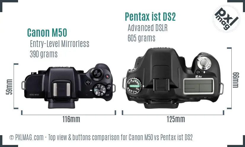 Canon M50 vs Pentax ist DS2 top view buttons comparison