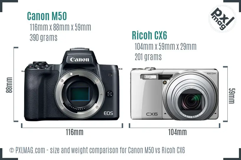 Canon M50 vs Ricoh CX6 size comparison