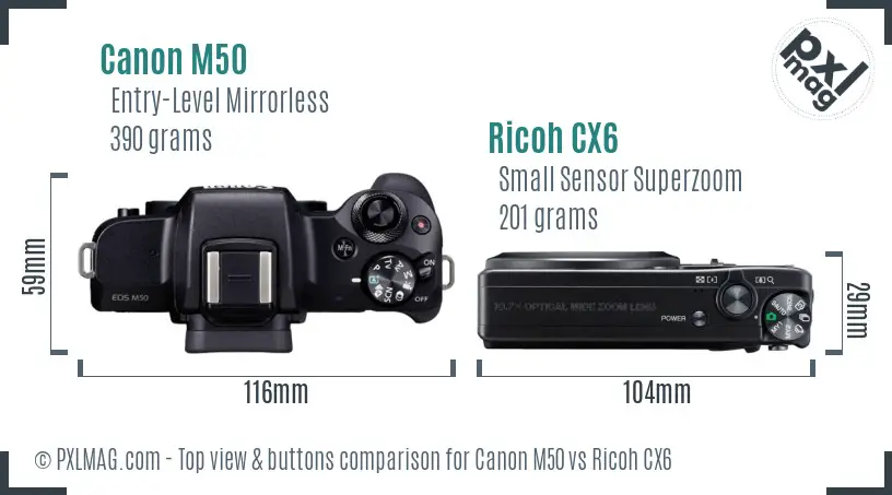 Canon M50 vs Ricoh CX6 top view buttons comparison