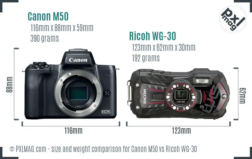 Canon M50 vs Ricoh WG-30 size comparison