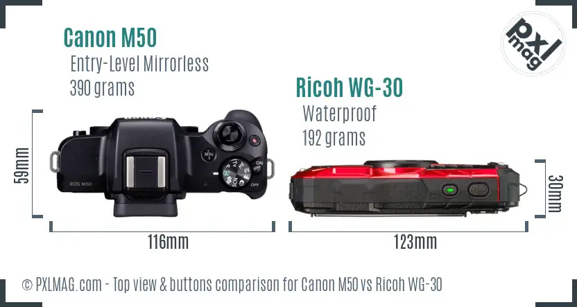 Canon M50 vs Ricoh WG-30 top view buttons comparison