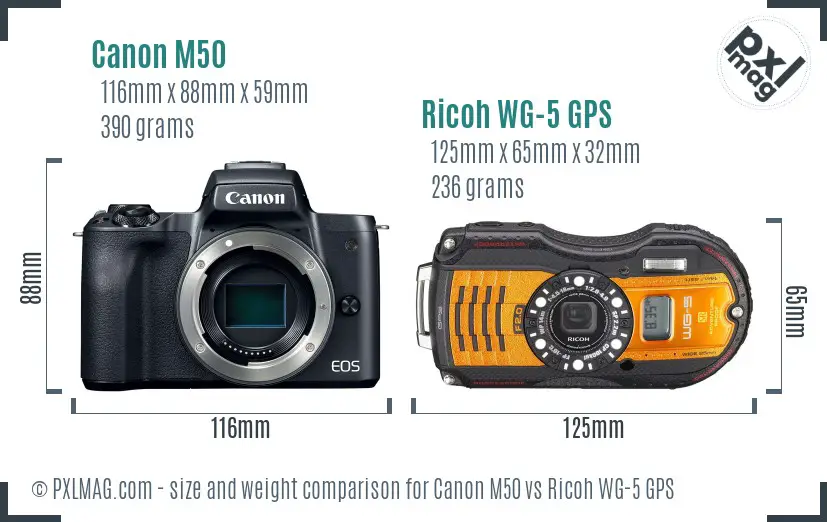 Canon M50 vs Ricoh WG-5 GPS size comparison