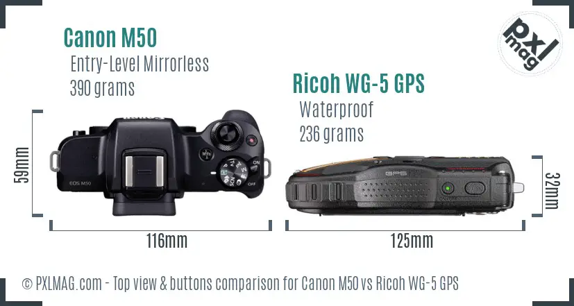 Canon M50 vs Ricoh WG-5 GPS top view buttons comparison