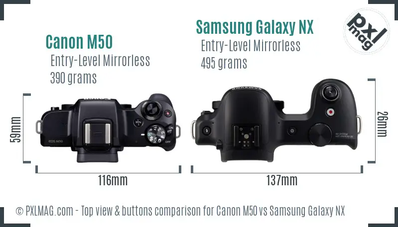 Canon M50 vs Samsung Galaxy NX top view buttons comparison