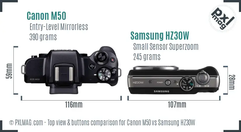 Canon M50 vs Samsung HZ30W top view buttons comparison