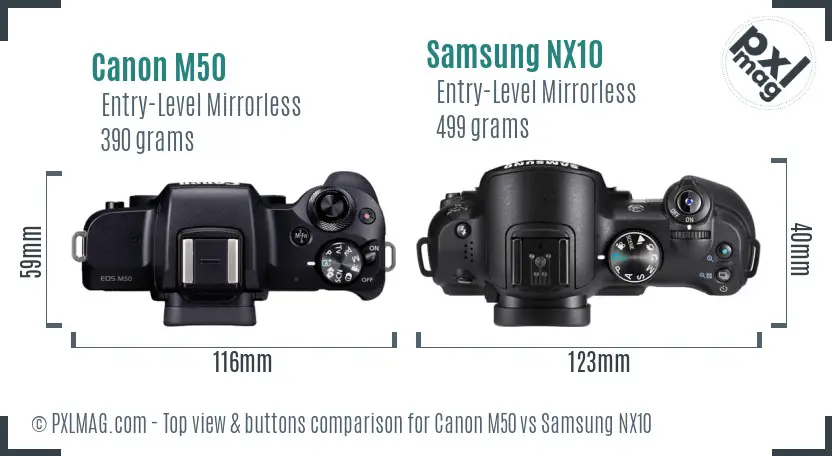 Canon M50 vs Samsung NX10 top view buttons comparison