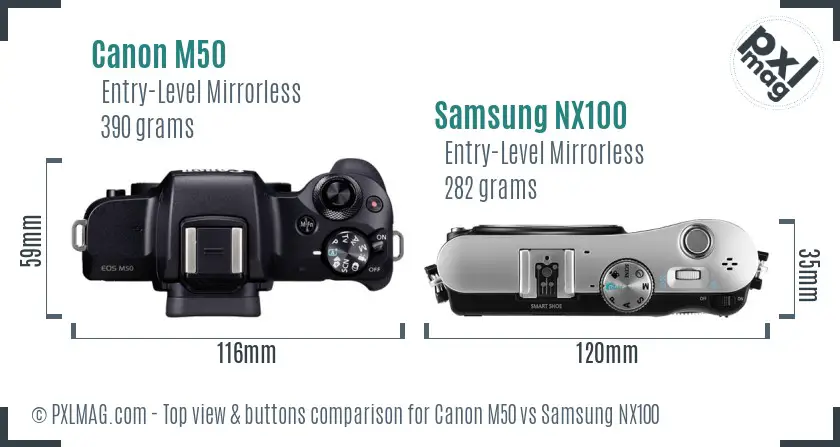 Canon M50 vs Samsung NX100 top view buttons comparison