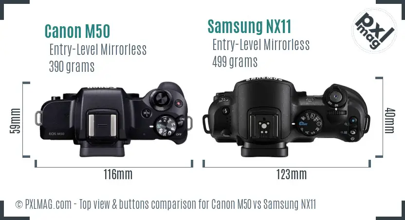 Canon M50 vs Samsung NX11 top view buttons comparison