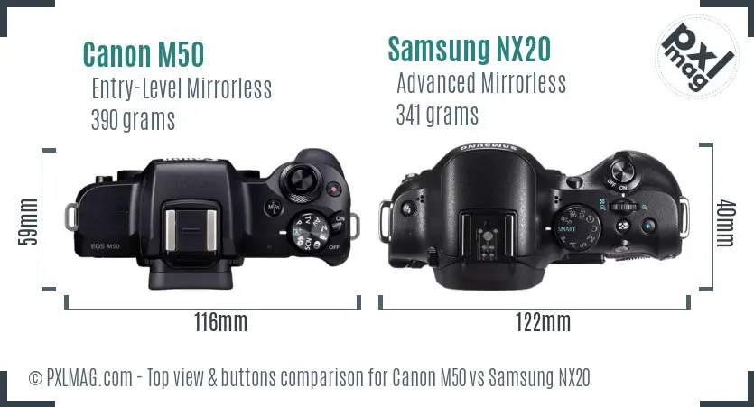 Canon M50 vs Samsung NX20 top view buttons comparison
