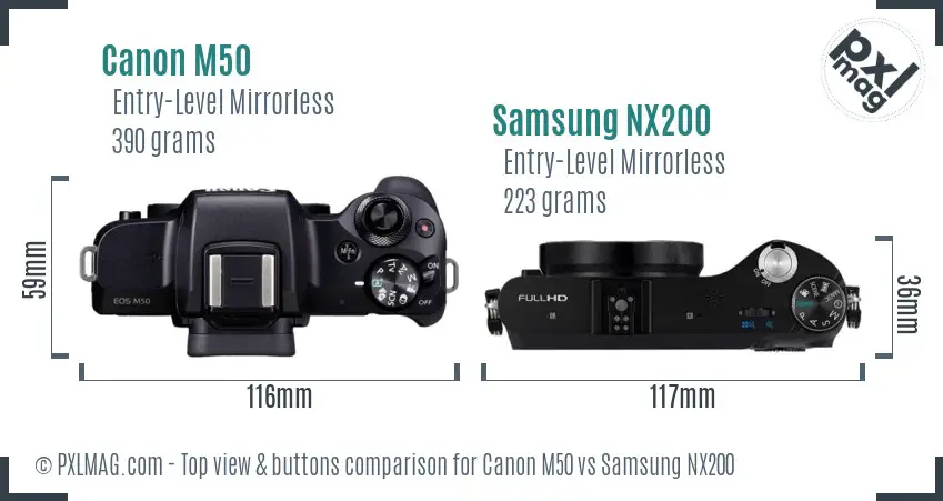 Canon M50 vs Samsung NX200 top view buttons comparison