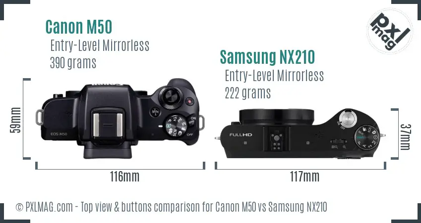 Canon M50 vs Samsung NX210 top view buttons comparison