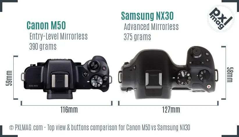 Canon M50 vs Samsung NX30 top view buttons comparison