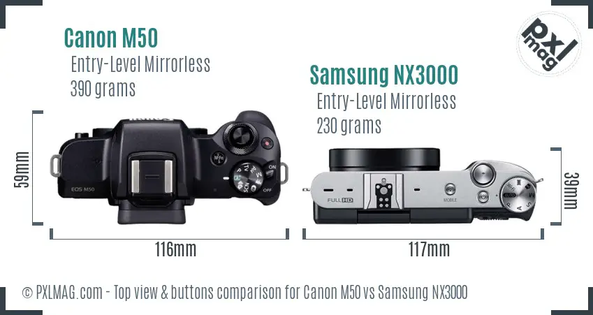 Canon M50 vs Samsung NX3000 top view buttons comparison