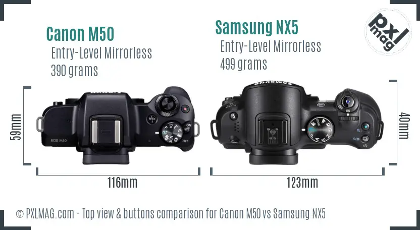 Canon M50 vs Samsung NX5 top view buttons comparison