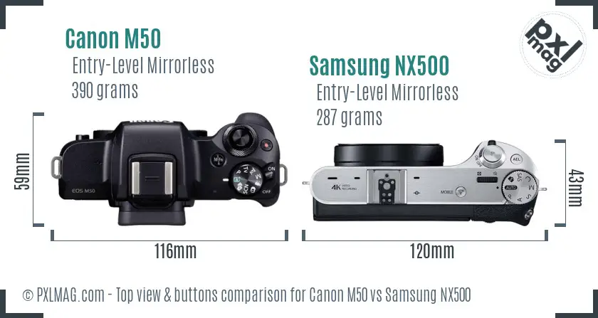 Canon M50 vs Samsung NX500 top view buttons comparison