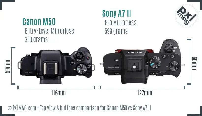 Canon M50 vs Sony A7 II top view buttons comparison