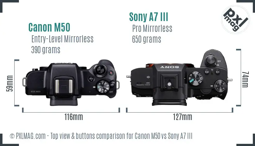 Canon M50 vs Sony A7 III top view buttons comparison