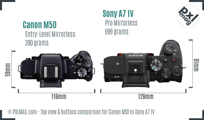 Canon M50 vs Sony A7 IV top view buttons comparison Canon M50 vs Sony A7 IV top view buttons comparison